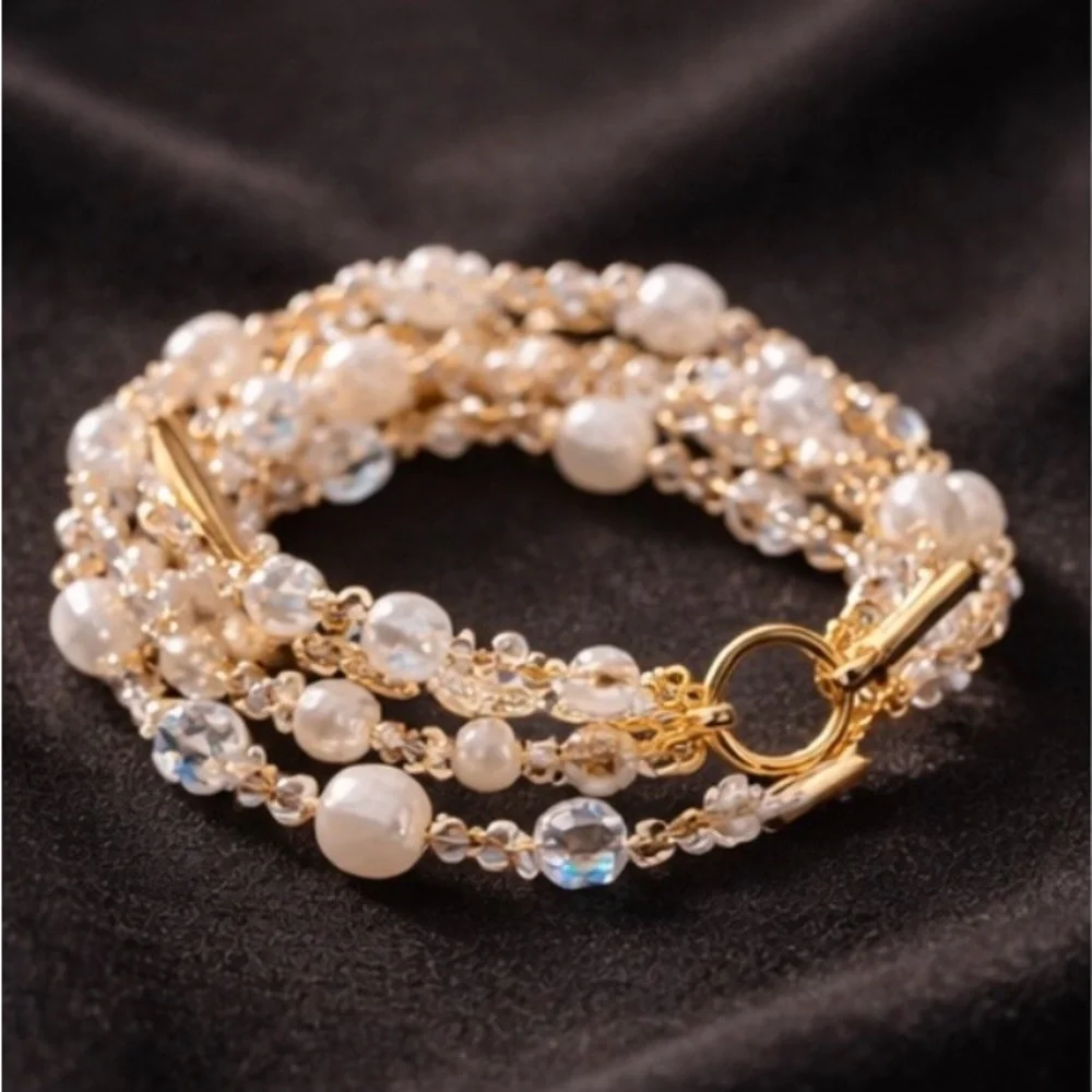 Cookie Lee Freshwater Pearl Moonstone Multi-Strand Bracelet Gold Toggle Crystal